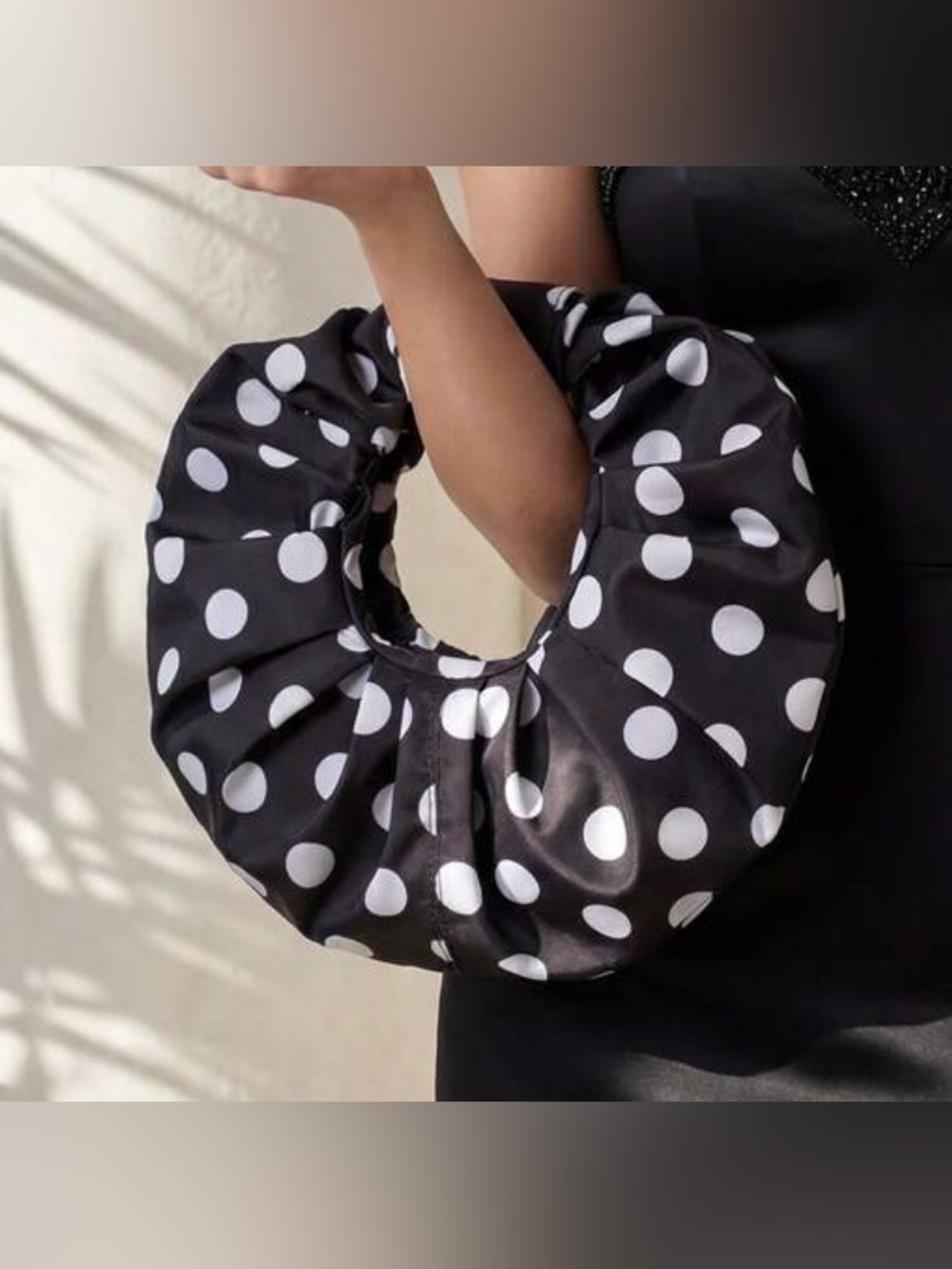 Polka Dot Ruched Hoop Bag - Black & White
